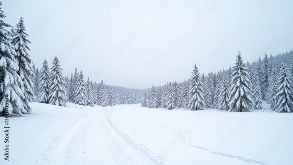 Fototapeta premium Snow-covered landscape stretches out, punctuated by rugged tire tracks that bisect the pristine white expanse