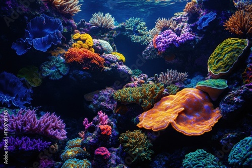 Vibrant coral reef ecosystem under clear blue waters with diverse marine life and clouds overhead