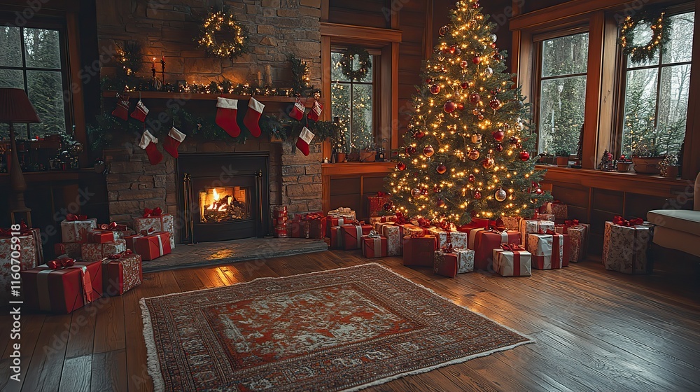Fototapeta premium a beautifully decorated christmas tree with glowing lights and ornaments is surrounded by an array of wrapped presents creating a warm holiday atmosphere in a classic cozy living room