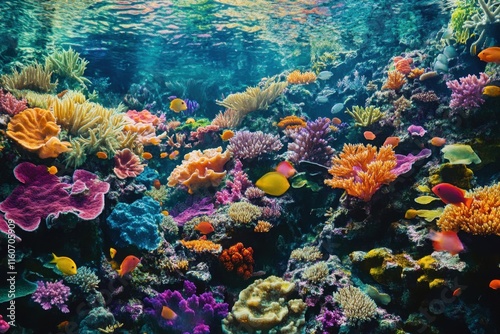 Vibrant coral reef ecosystem under clear blue waters with diverse marine life and clouds overhead