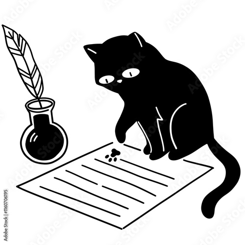Cat with ink pen and paper