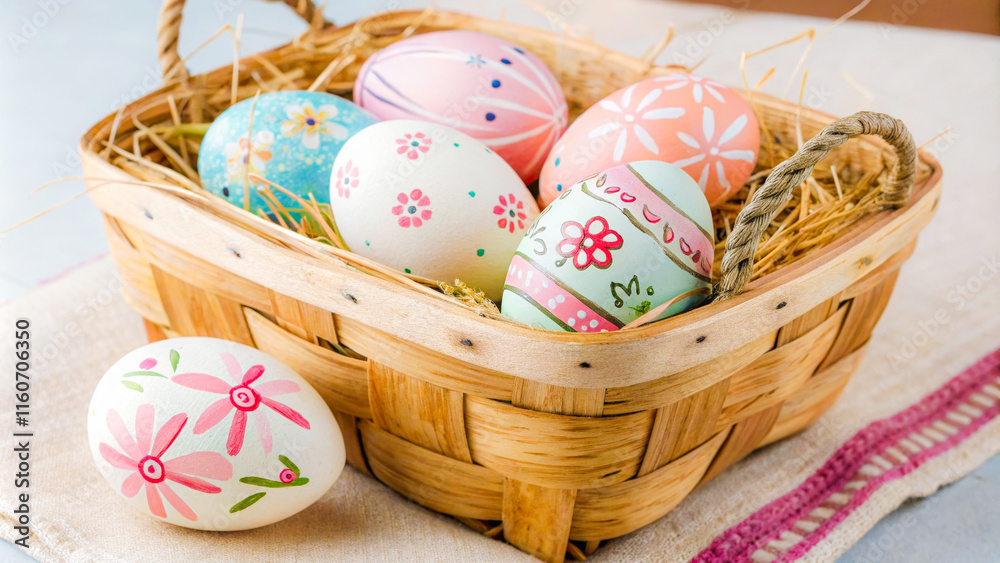 Fototapeta premium a basket filled with painted eggs on a table
