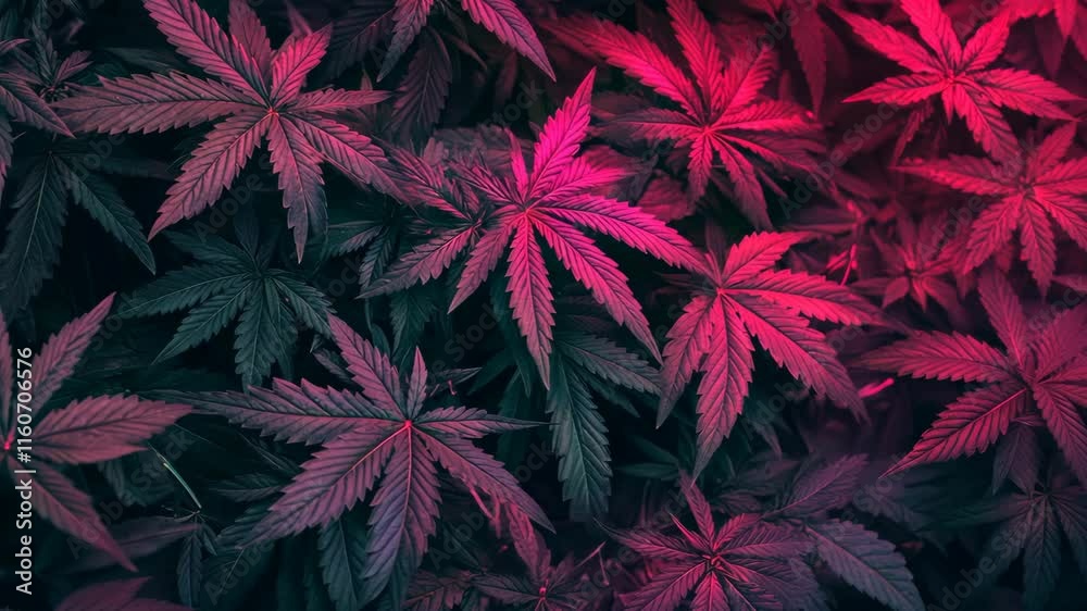 Vibrant cannabis leaves illuminated by neon red light create a striking visual effect at night