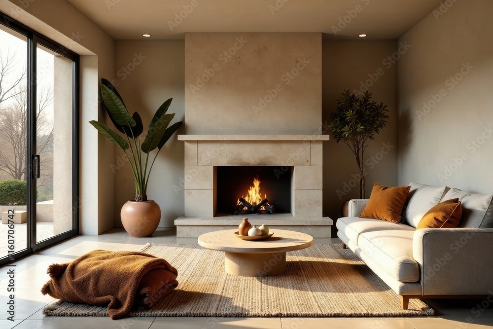 Fototapeta premium Warm Minimalist Living Room Design with a Cozy Fireplace and Natural Light
