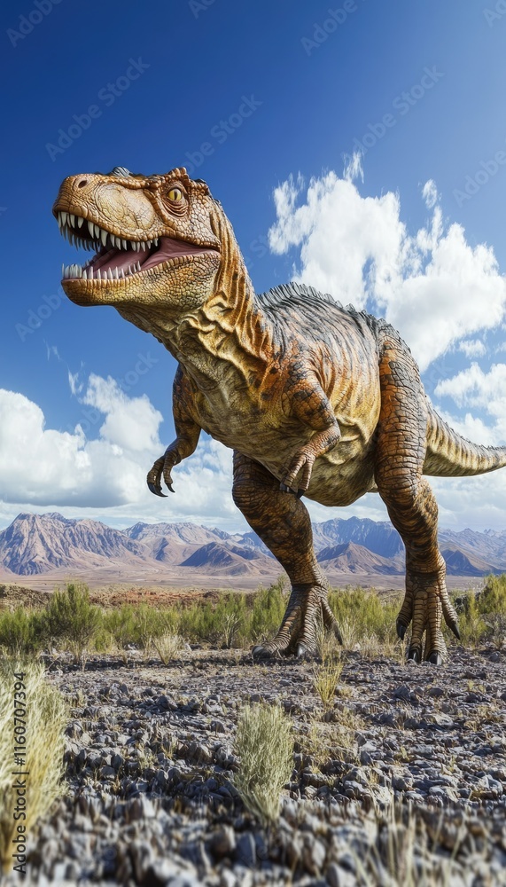 Fototapeta premium A large dinosaur stands in a desert landscape under a blue sky with clouds.