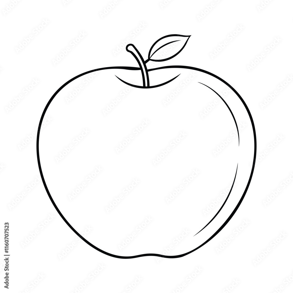 Simple black and white outline illustration of an apple with a single leaf