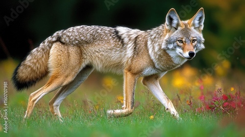 A coyote walking through a colorful, flower-filled meadow.