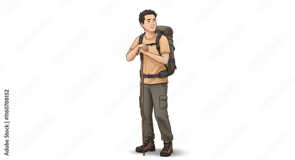 Young Man Hiking Backpacker Staff Travel Illustration Young Man Hiking Backpacker Staff Travel Illustration