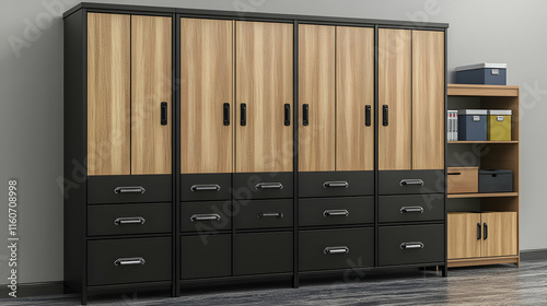 Modern Wooden & Black Cabinet with Drawers: Offers Ample Storage for Organization and Tidiness.
