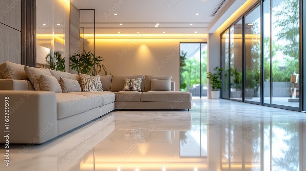 Fototapeta premium Modern Luxury Living Room Interior Design with Beige Sofa and Marble Floor