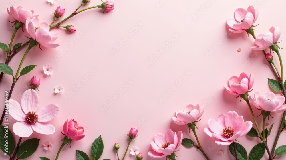 Delicate Pink Blossoms Forming a Romantic Floral Frame on a Soft Pastel Background Delicate Pink Blossoms Forming a Romantic Floral Frame on a Soft Pastel Background