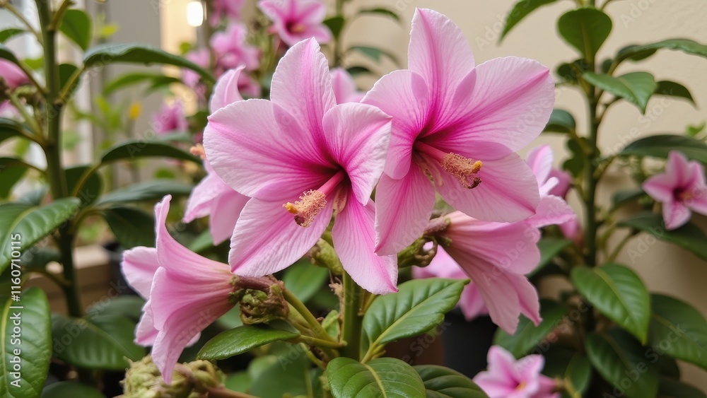 Vibrant pink and white striped hibiscus blooms take center stage against a soft cream backdrop, their delicate beauty on full display Vibrant pink and white striped hibiscus blooms take center stage against a soft cream backdrop, their delicate beauty on full display