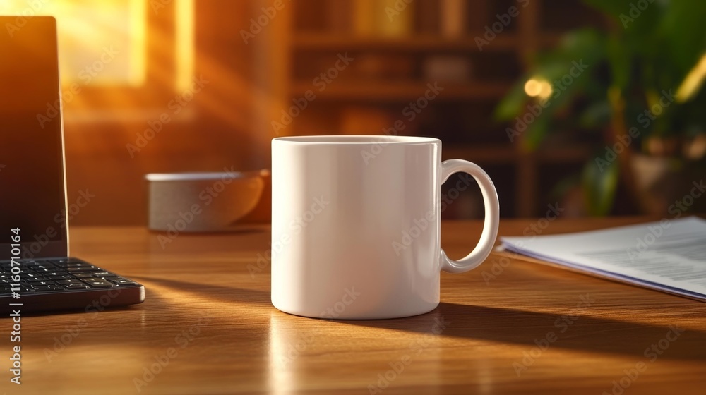 Fototapeta premium Mug Mockup on Consultant's Desk with Documents and Laptop. Generative AI