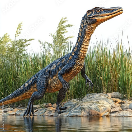 A prehistoric dinosaur-like creature near a body of water amidst tall grass. photo