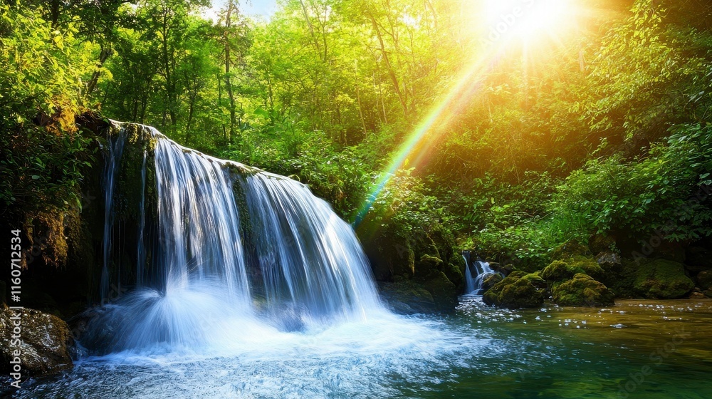 Obraz premium Serene Waterfall Surrounded by Lush Greenery and Sunlight, Capturing the Beauty of Nature in a Peaceful Forest Setting