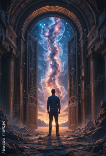 A Man Stands Before a Cosmic Gateway