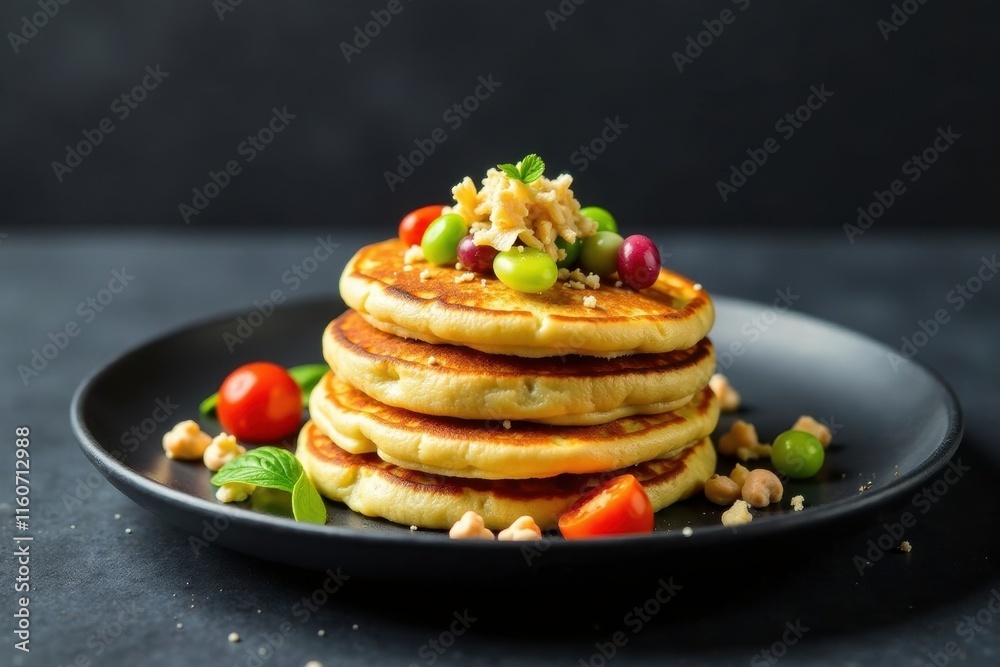 Delicious Buttermilk Pancakes Topped with Sweet and Savory Garnish on a Dark Plate Delicious Buttermilk Pancakes Topped with Sweet and Savory Garnish on a Dark Plate