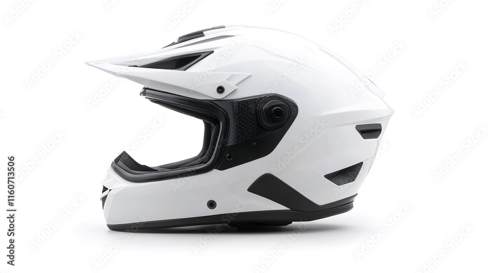 A white and black full-face helmet with an open visor. A white and black full-face helmet with an open visor.