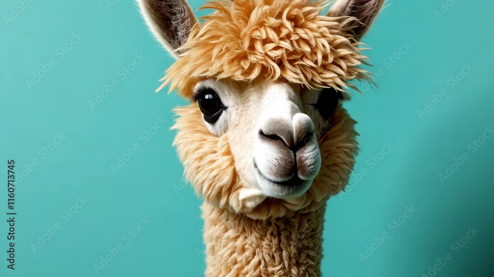 Cute and fluffy alpaca portrait against a vibrant blue background, showcasing its unique features and friendly expression Cute and fluffy alpaca portrait against a vibrant blue background, showcasing its unique features and friendly expression