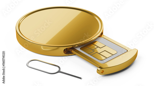 Gold coin with a mobile operator SIM card on top. Electronic money concept