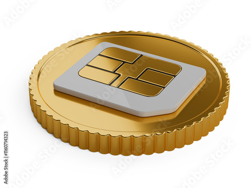 Gold coin with a mobile operator SIM card on top. Electronic money concept.