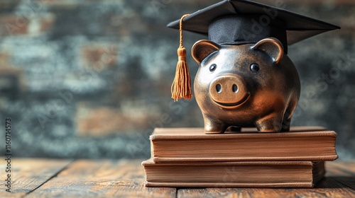 Saving for College: A Piggy Bank and Books. photo