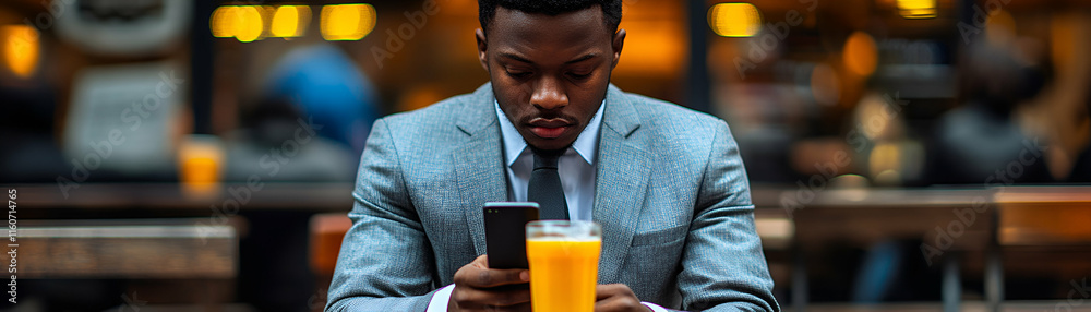 Man in Suit Checks Phone, Drinks Orange Juice at Cafe: Evening Urban Lifestyle, Business Professional, Technology Use, Relaxation Man in Suit Checks Phone, Drinks Orange Juice at Cafe: Evening Urban Lifestyle, Business Professional, Technology Use, Relaxation