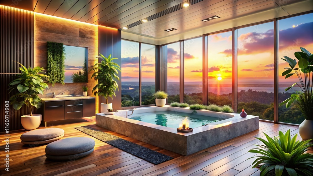 Fototapeta premium Luxurious Jacuzzi Room with Panoramic Views - Minimalist Design - AI Photo
