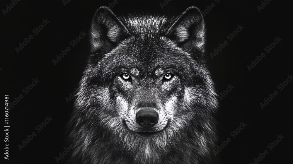 A close-up black and white photograph of a wolf's head against a dark background. A close-up black and white photograph of a wolf's head against a dark background.