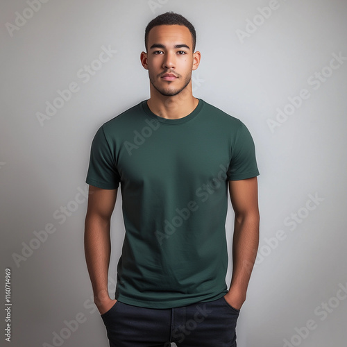 Young Man Dark Green TShirt Casual Portrait Studio Background