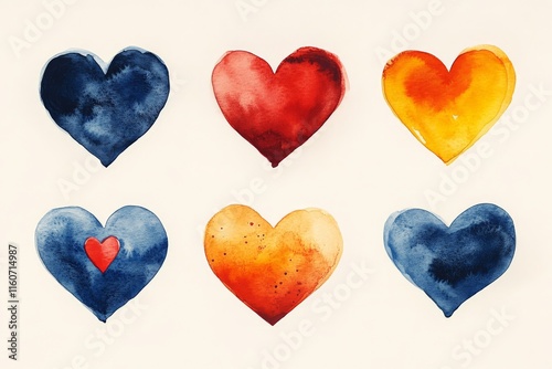 Colorful watercolor hearts in various shades expressing love and emotion on a neutral background photo