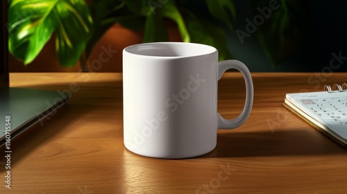 Plain White Mug on a Wooden Desk with Office Supplies. Generative AI photo