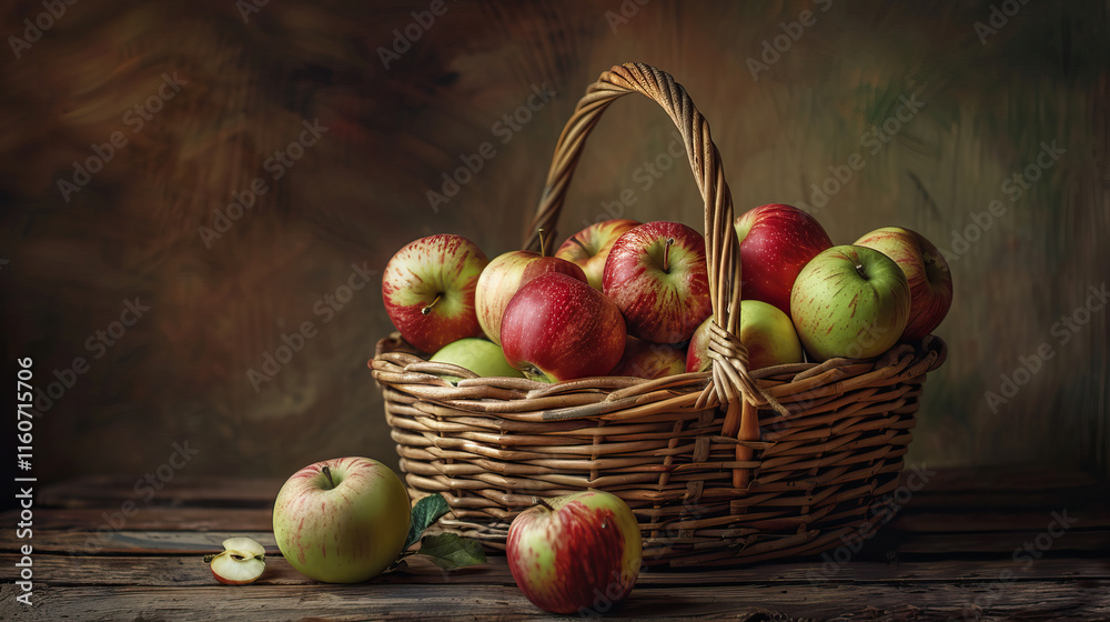 Wicker basket with red and green apples on wooden table in artistic painting style Wicker basket with red and green apples on wooden table in artistic painting style