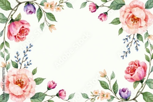 Floral Frame with Delicate Roses and Blossoms, Perfect for Elegant Invitations or Announcements
