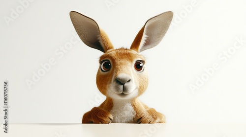 Cute cartoon kangaroo peeking over a white surface,  large ears, big eyes, friendly expression. photo