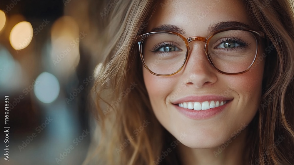 portrait of a young woman with long brown hair and glasses smiling at the camera. portrait of a young woman with long brown hair and glasses smiling at the camera.