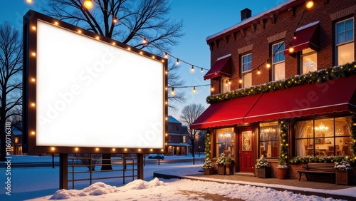 A charming, snow-covered red brick building boasts festive Christmas decorations under its crimson awning, flanked by a rustic red bench