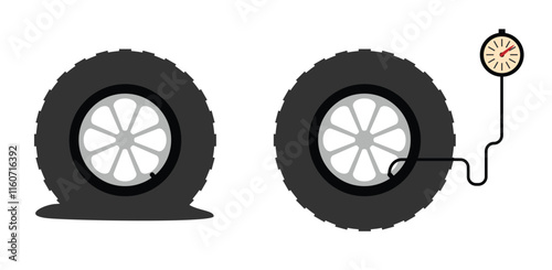 Inflated and Deflated Car Tire Flat Style. Fixing vehicle parts concept vector art