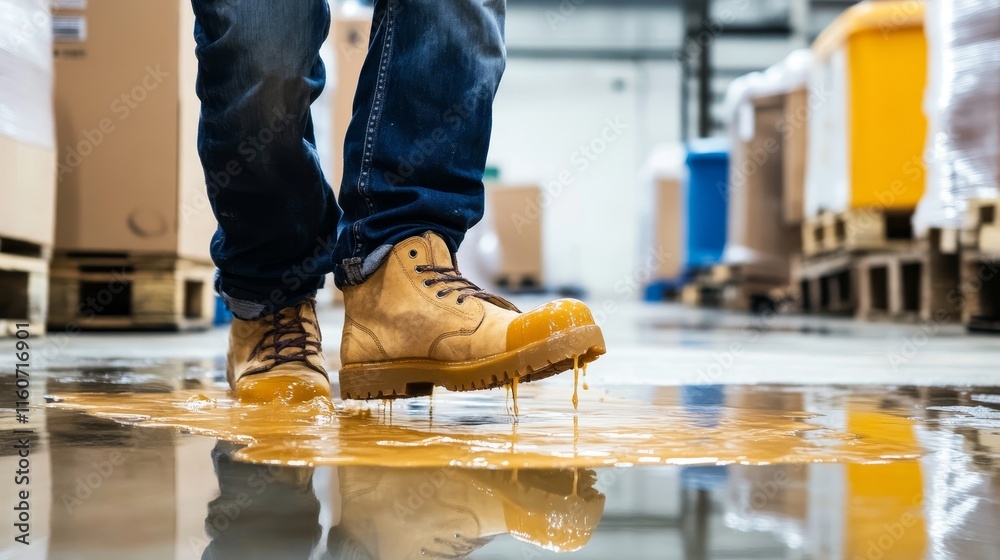 Male worker in a warehouse accidentally stepping into a liquid spill on the floor, workplace safety hazards, accident prevention, industrial work environment, occupational risk awareness Male worker in a warehouse accidentally stepping into a liquid spill on the floor, workplace safety hazards, accident prevention, industrial work environment, occupational risk awareness