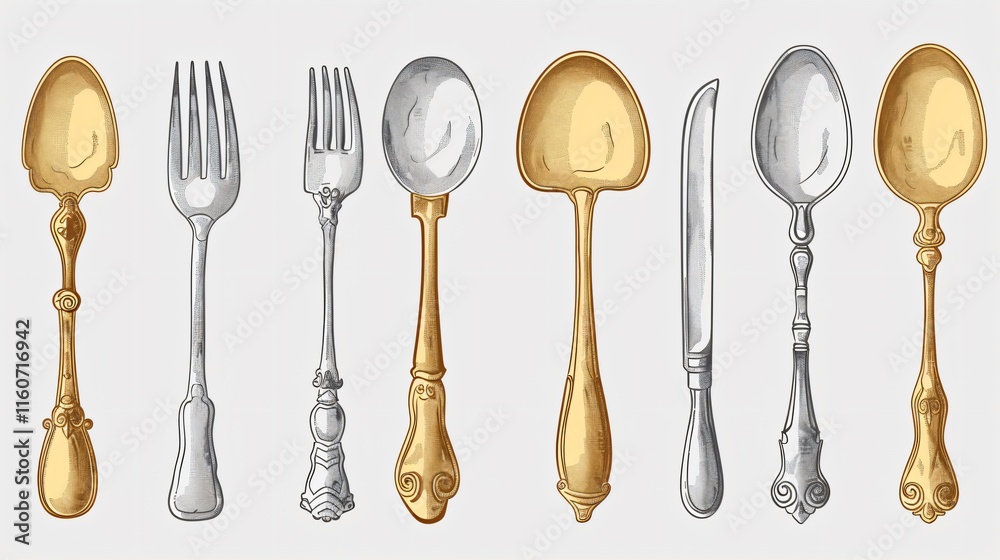 Elegant Cutlery Set with Table Knife, Spoon, Fork, and Fish Spoo