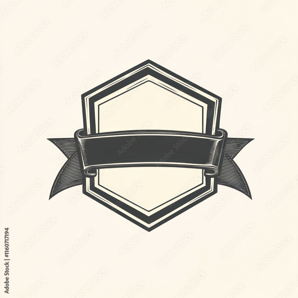 Hexagon shield badge with ribbon banner. Hexagon shield badge with ribbon banner.