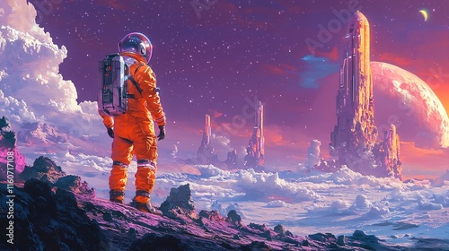 An Astronaut Stands on a Rocky Outcrop and Looks out at a Futuristic Alien Landscape. photo