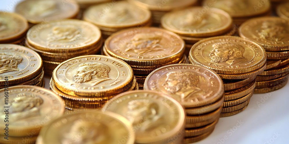 Golden Coin Stacks Realistic Photo: Closeup View of Shiny Gold Coins