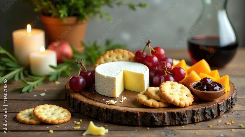 A Rustic Cheese and Cracker Platter with Grapes, Apples, and Sweet Preserves, Garnished with Candles and Greenery for a Cozy Atmosphere A Rustic Cheese and Cracker Platter with Grapes, Apples, and Sweet Preserves, Garnished with Candles and Greenery for a Cozy Atmosphere