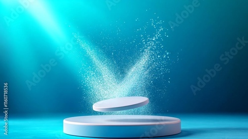 Powder blue podium with sparkly dust in motion. Generative AI photo