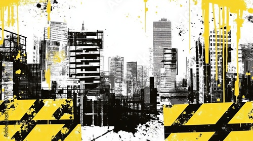 Dynamic yellow urban street art design with a grunge construction warning theme, combining bold industrial elements, abstract shapes, and vibrant city-inspired creativity for modern graphic concepts photo