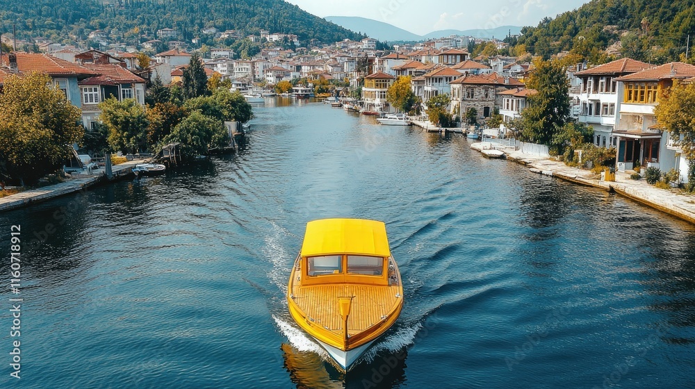 Naklejka premium Yellow boat on canal, waterfront town, mountains.
