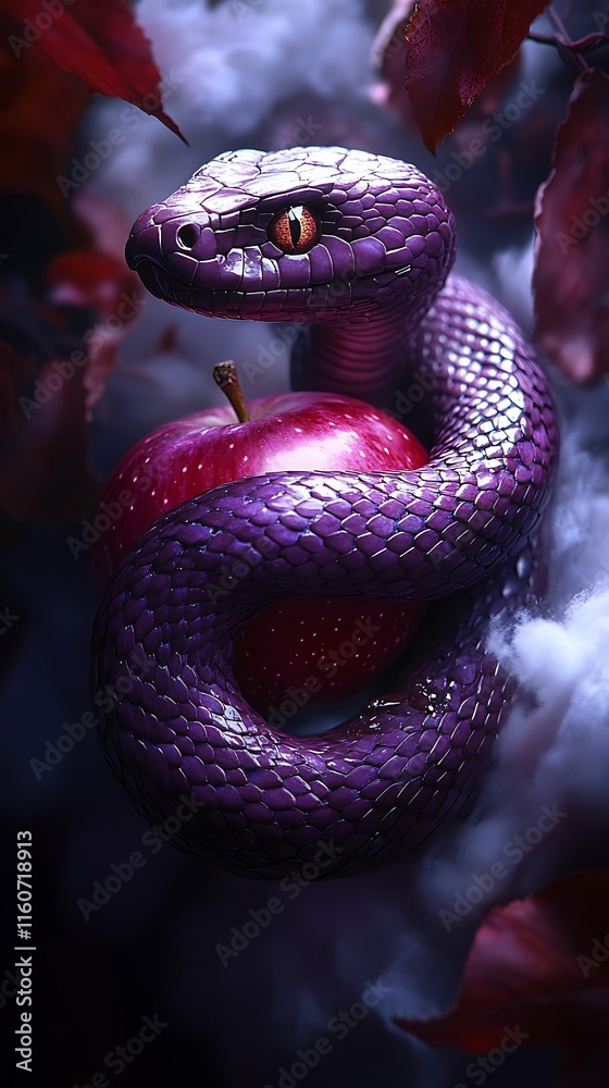 Fototapeta premium Snake Wrapping Apple Perfectly in Artistic Representation of Temptation Photo