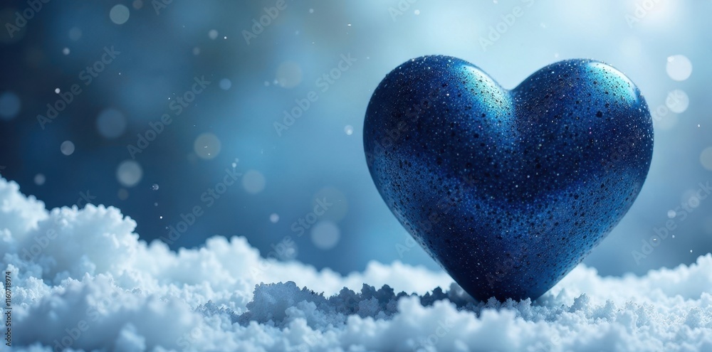 Fototapeta premium A cobalt blue heart, glistening with water droplets, rests gently on a pristine blanket of snow, symbolizing winter's embrace and enduring affection.
