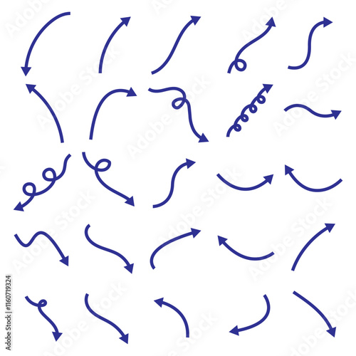 Set of different blue arrow shapes with doodle style, hand drawn arrows for presentations and animated concept. Vector illustration.